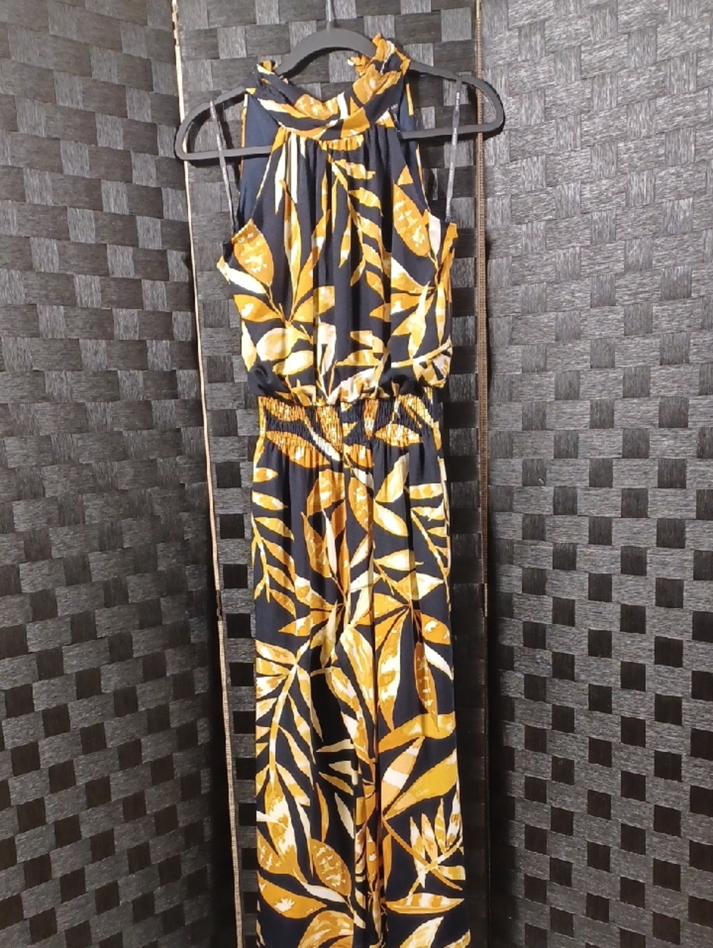 Navy & Mustard Leaf-Print Halter Maxi Jumpsuit